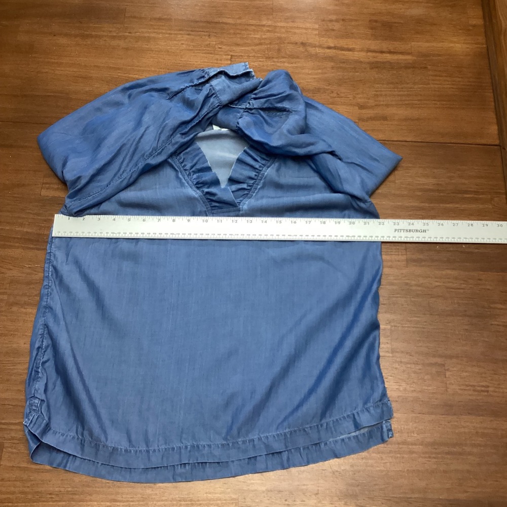 Crown & Ivy Womens Blue Tencel Lyocell Ruffle V-Neck Puff Sleeve Blouse Large - Picture 4 of 7